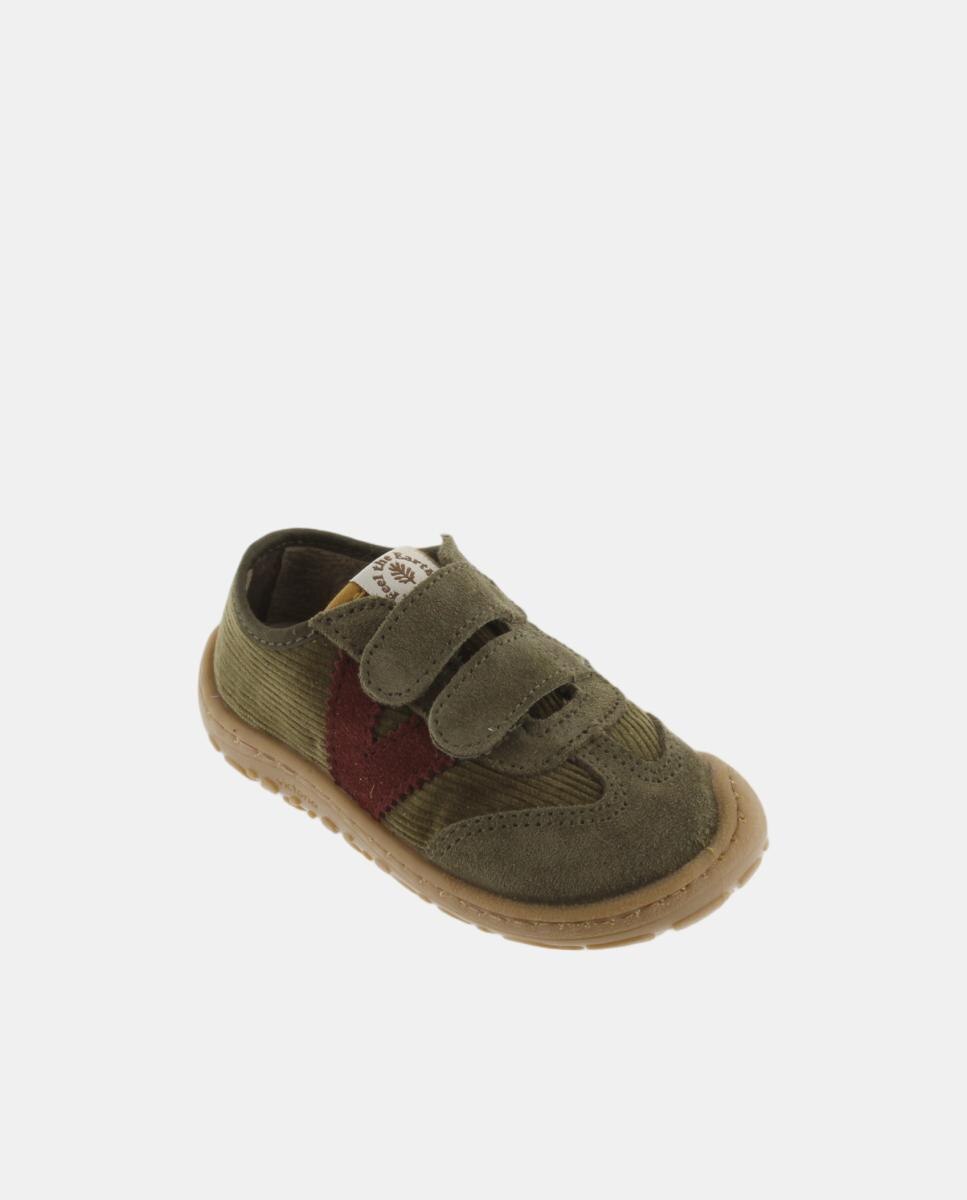 Zapatillas de niños barefoot de pana con piezas de serraje y doble cierre adherente - Victoria - Verde militar Verde militar-2