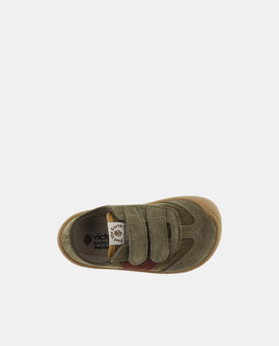 Zapatillas de niños barefoot de pana con piezas de serraje y doble cierre adherente - Victoria - Verde militar Verde militar-4