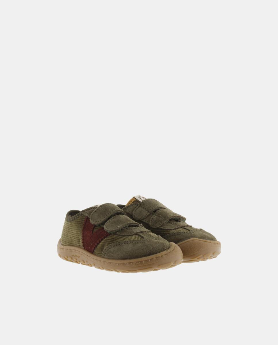 Zapatillas de niños barefoot de pana con piezas de serraje y doble cierre adherente - Victoria - Verde militar Verde militar-5
