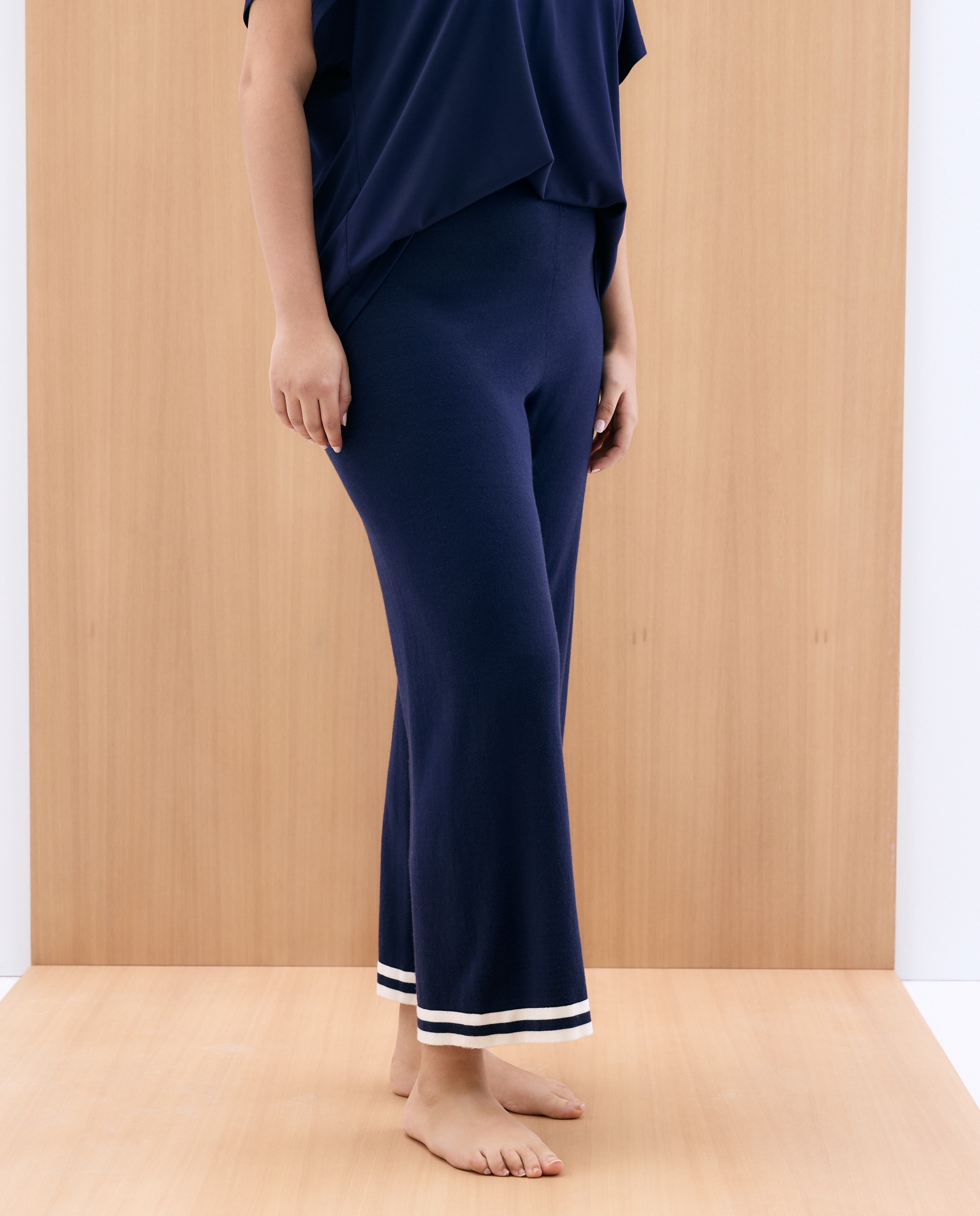 Calças de Tricot com Detalhes nas Bainhas Azul-marinho-2