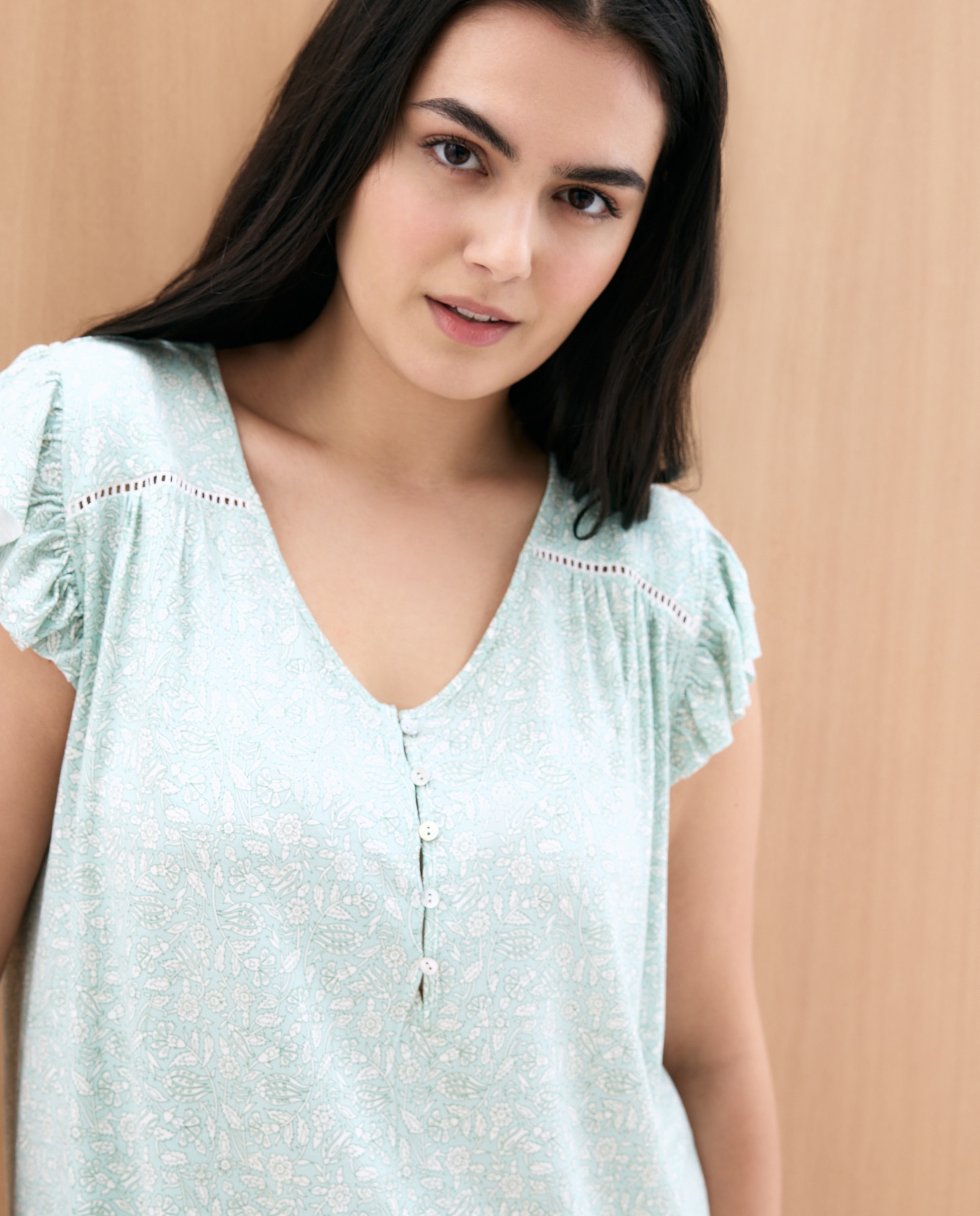 Pijama de mujer corto con estampado floral - Couchel - Verde Verde-2