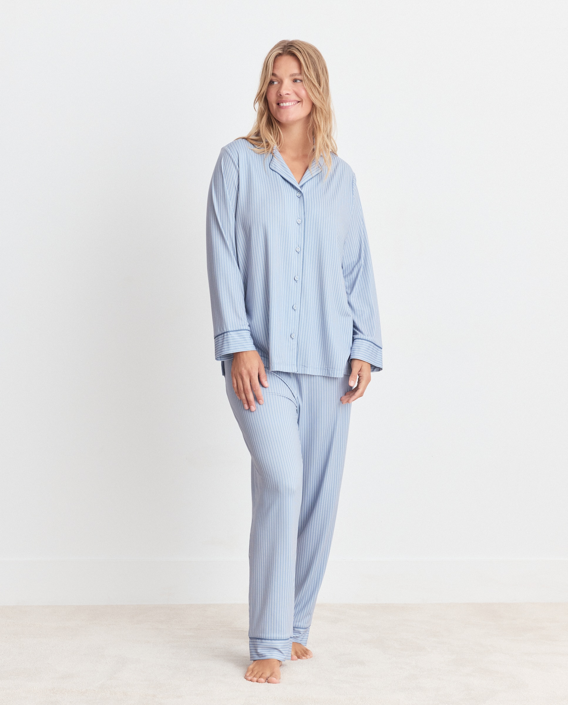 Pijama de mujer camisero de rayas - Couchel - Azul Azul-1