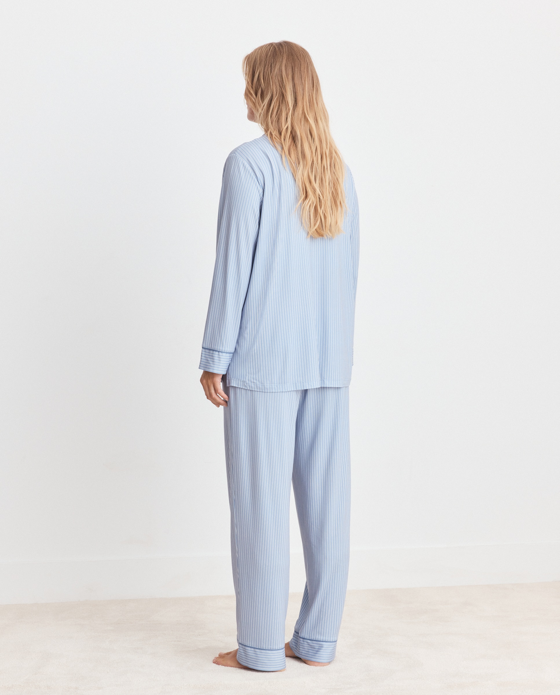 Pijama de mujer camisero de rayas - Couchel - Azul Azul-3