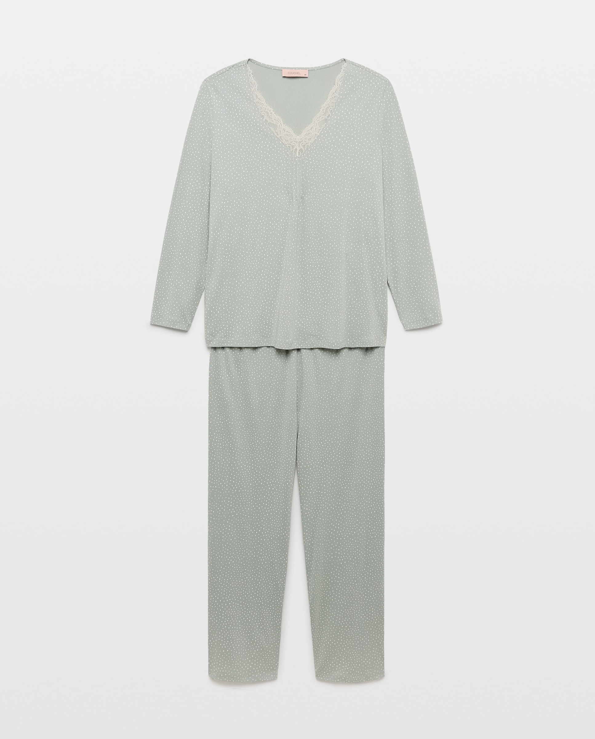 Pijama de Decote em Bico com Detalhes de Renda Verde-4