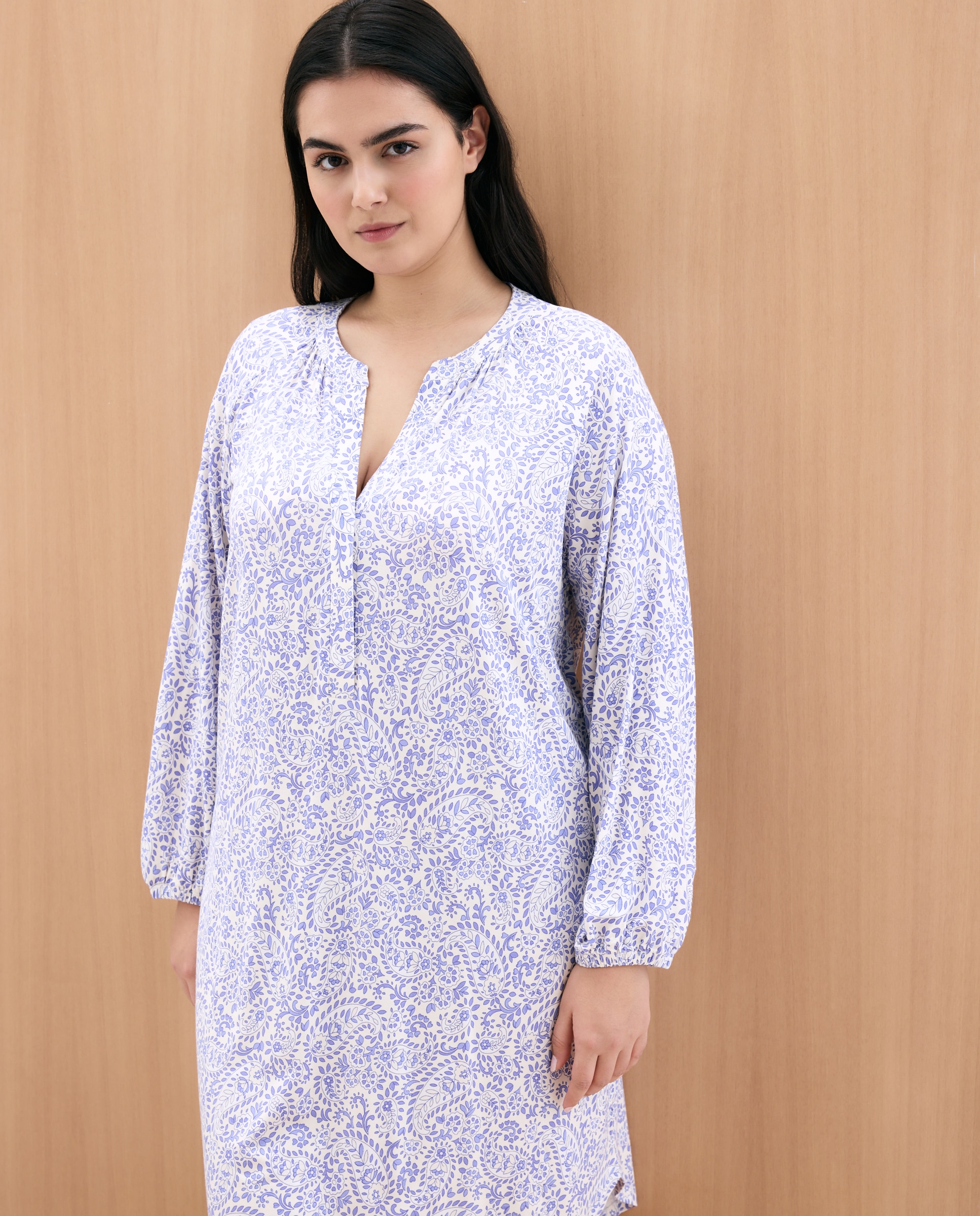 Camisa de Dormir Curta Estampada com Manga 3/4 Azul-2