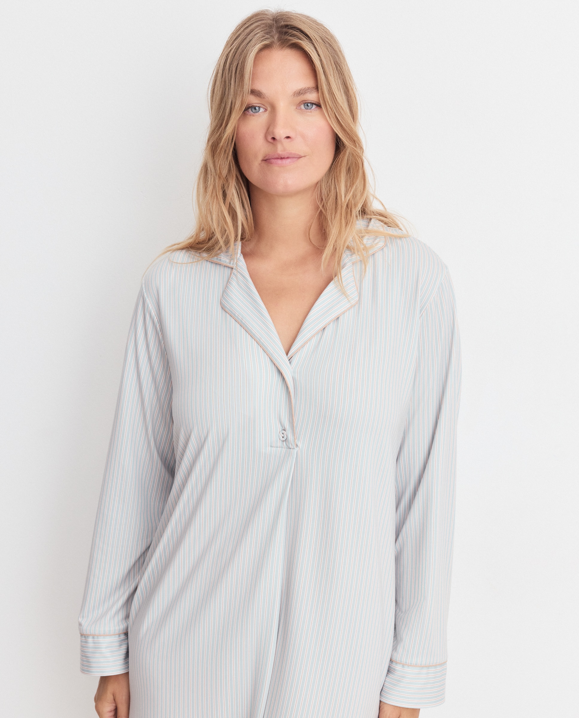 Camisa de Dormir de Botões às Riscas Verde-2