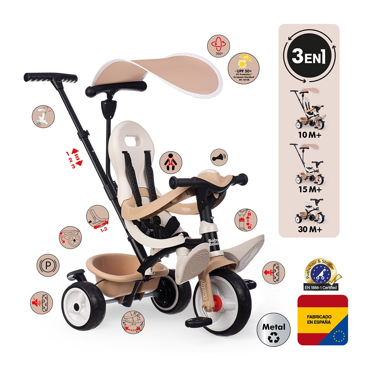 Triciclo Baby Balade Beige progresivo 3 en 1 que combina seguridad, comodidad y diversión Smoby 2