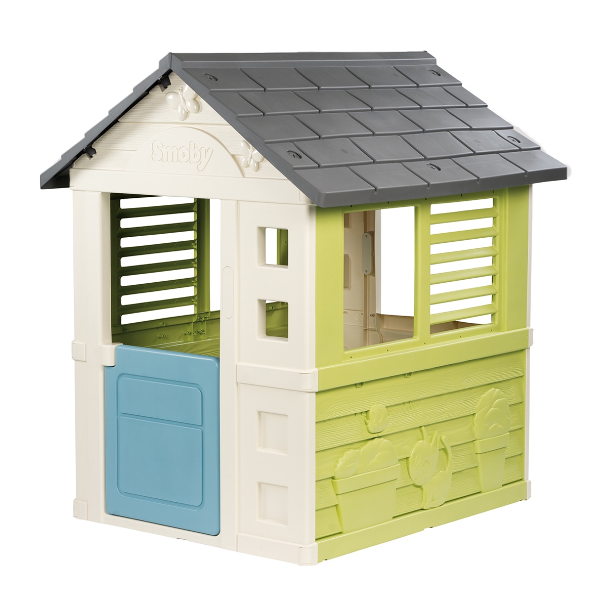 Smoby – Casa Jolie. Casita Jolie con 1 puerta baja y 2 ventanas. Sus paredes tienen grabadas animales en relieve (gato, mariposas?). Smoby Life.