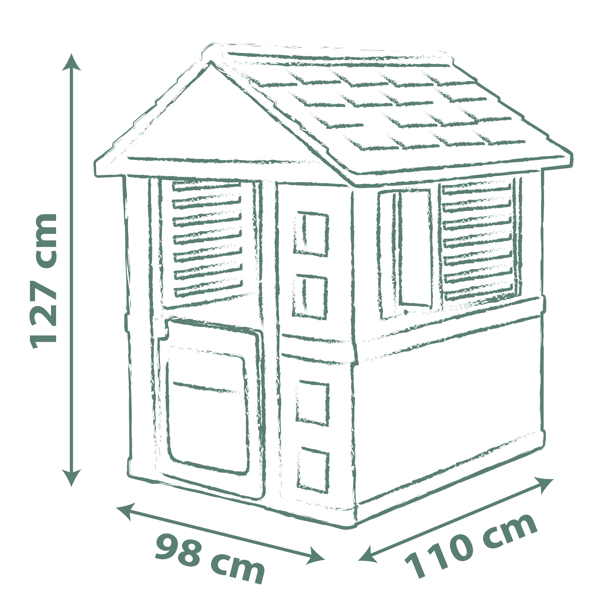 Casa Jolie. Casita Jolie con 1 puerta baja y 2 ventanas. Sus paredes tienen grabadas animales en relieve (gato, mariposas?). Smoby Life 4