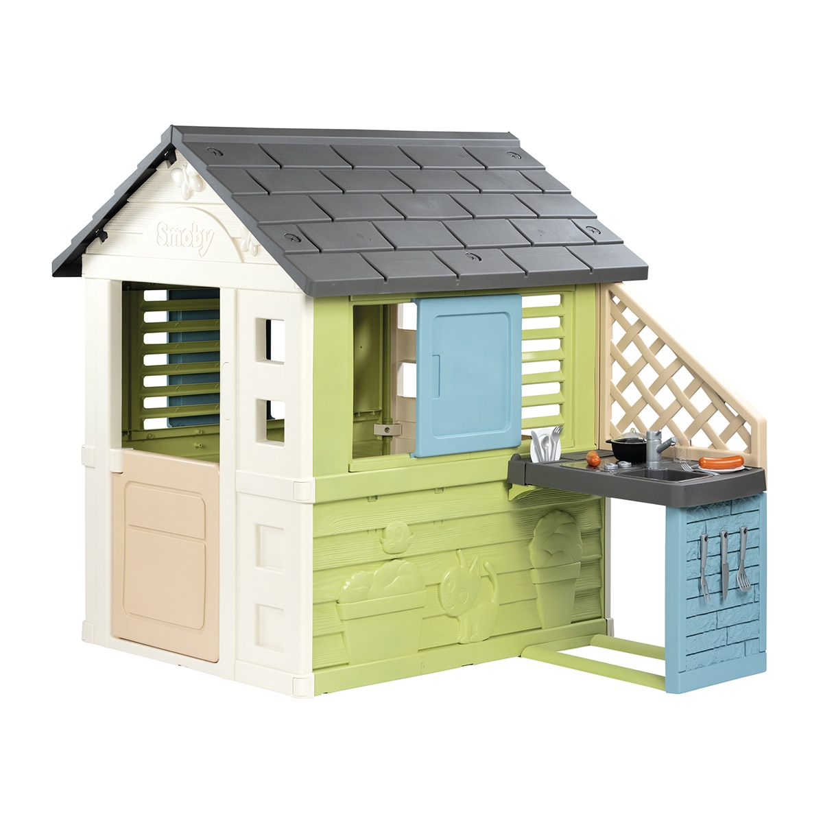 Smoby – Casa Pretty con cocina. Casa Pretty: 1 puerta baja y 2 ventanas con contraventas correderas,una cocina con fregadero, grill y 17 ac. Smoby Life.
