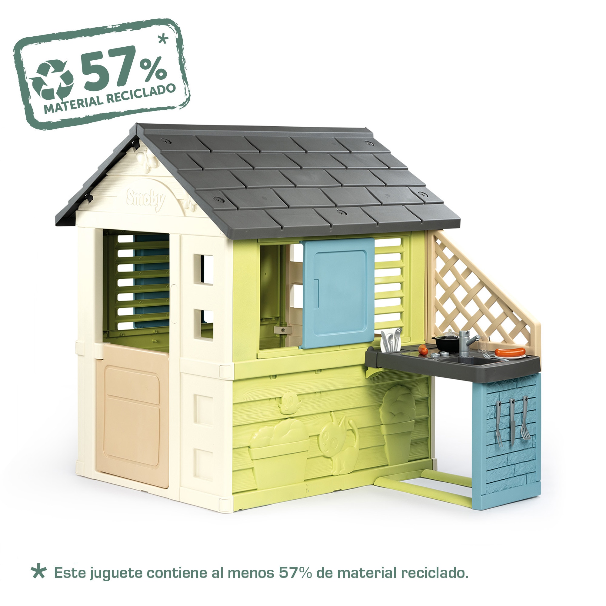 Casa Pretty con cocina. Casa Pretty: 1 puerta baja y 2 ventanas con contraventas correderas,una cocina con fregadero, grill y 17 ac. Smoby Life 2