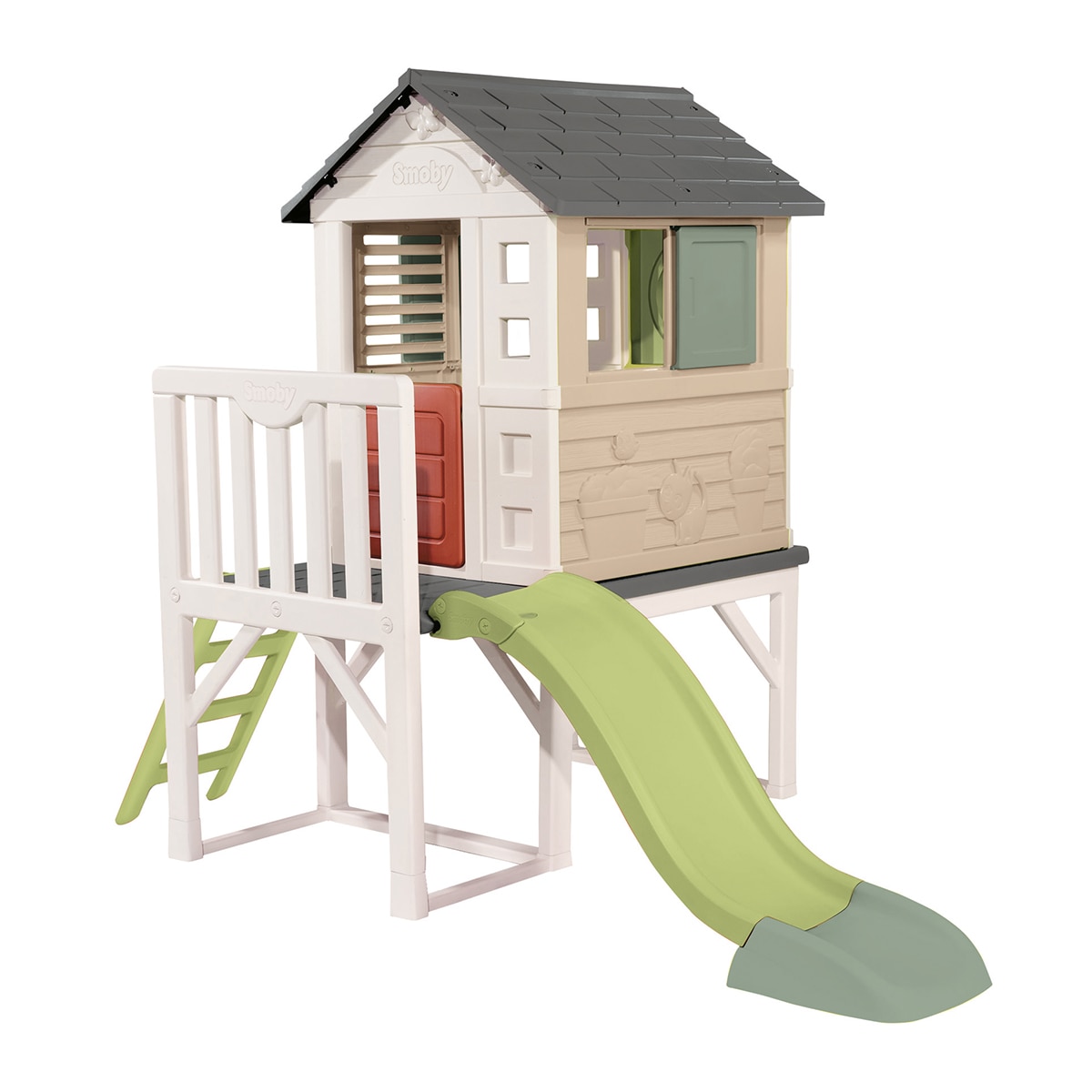 Smoby – Casa de la playa. Casa sobre plataforma de 70 cm. altura, puerta baja, 2 ventanas y 1 de ojo de buey, escalera y 1 tobogán de 1,50 m. Smoby Life.