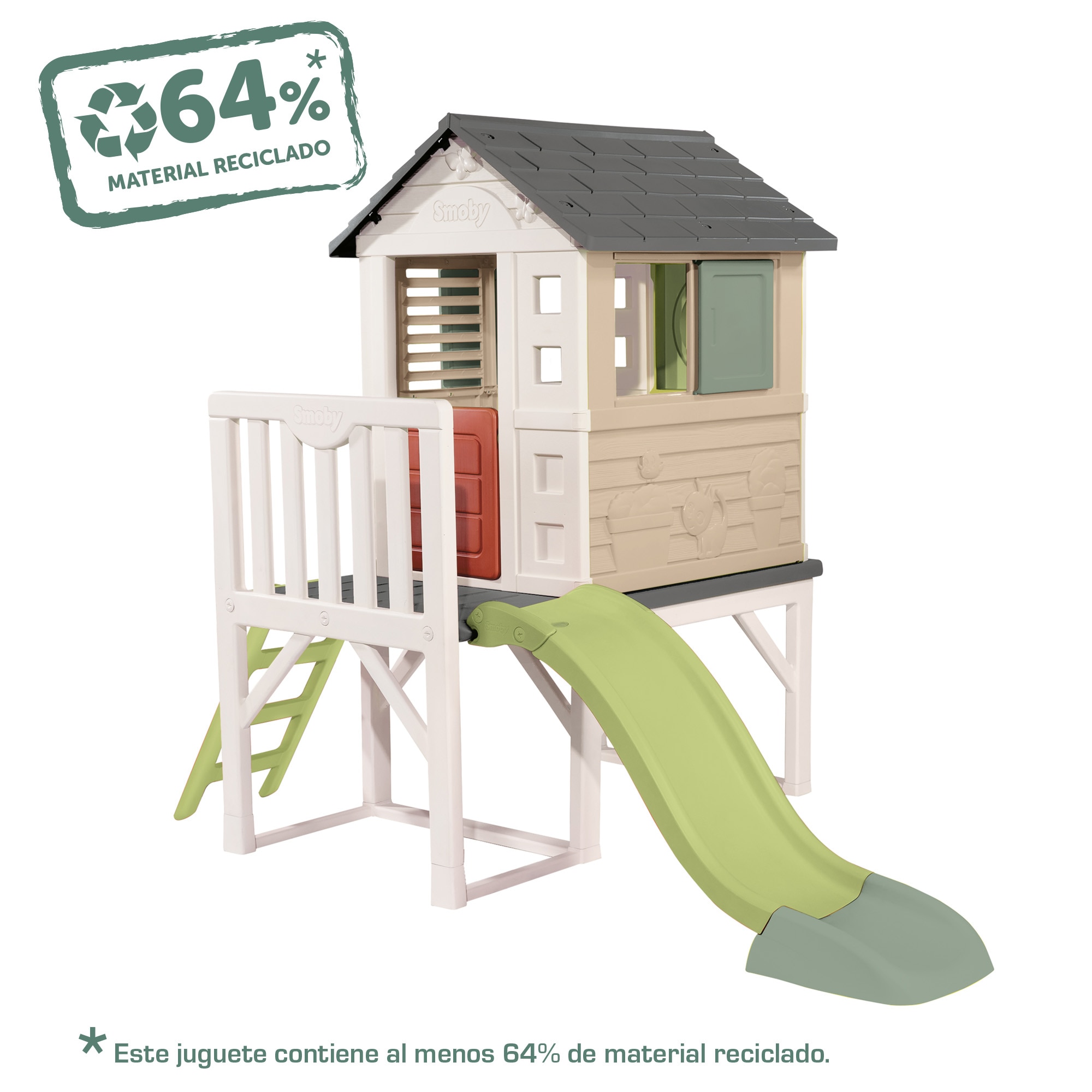 Casa de la playa. Casa sobre plataforma de 70 cm. altura, puerta baja, 2 ventanas y 1 de ojo de buey, escalera y 1 tobogán de 1,50 m. Smoby Life 2