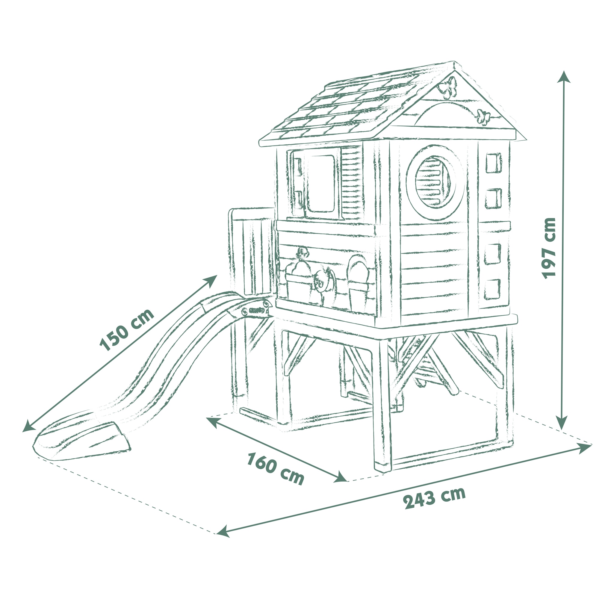 Casa de la playa. Casa sobre plataforma de 70 cm. altura, puerta baja, 2 ventanas y 1 de ojo de buey, escalera y 1 tobogán de 1,50 m. Smoby Life 11