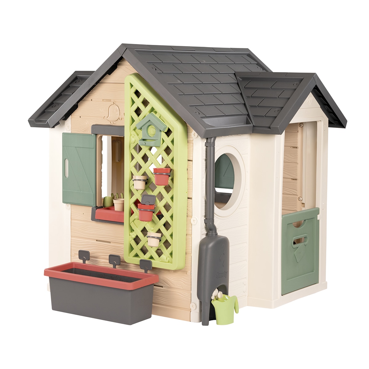Smoby – Garden House. Colores naturales, temática jardinería. 1 puerta, 2 ventanas contraventanas y 2 tipo ojo buey. Incluye accesorios. Smoby Life.