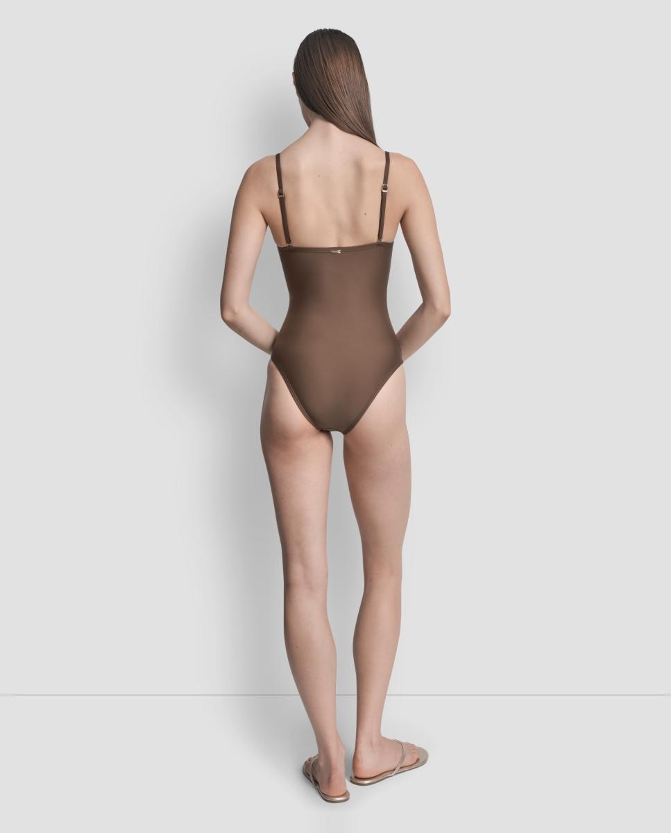 Fato de Banho Redutor Bandeau Franzido com Aro em U Castanho-4