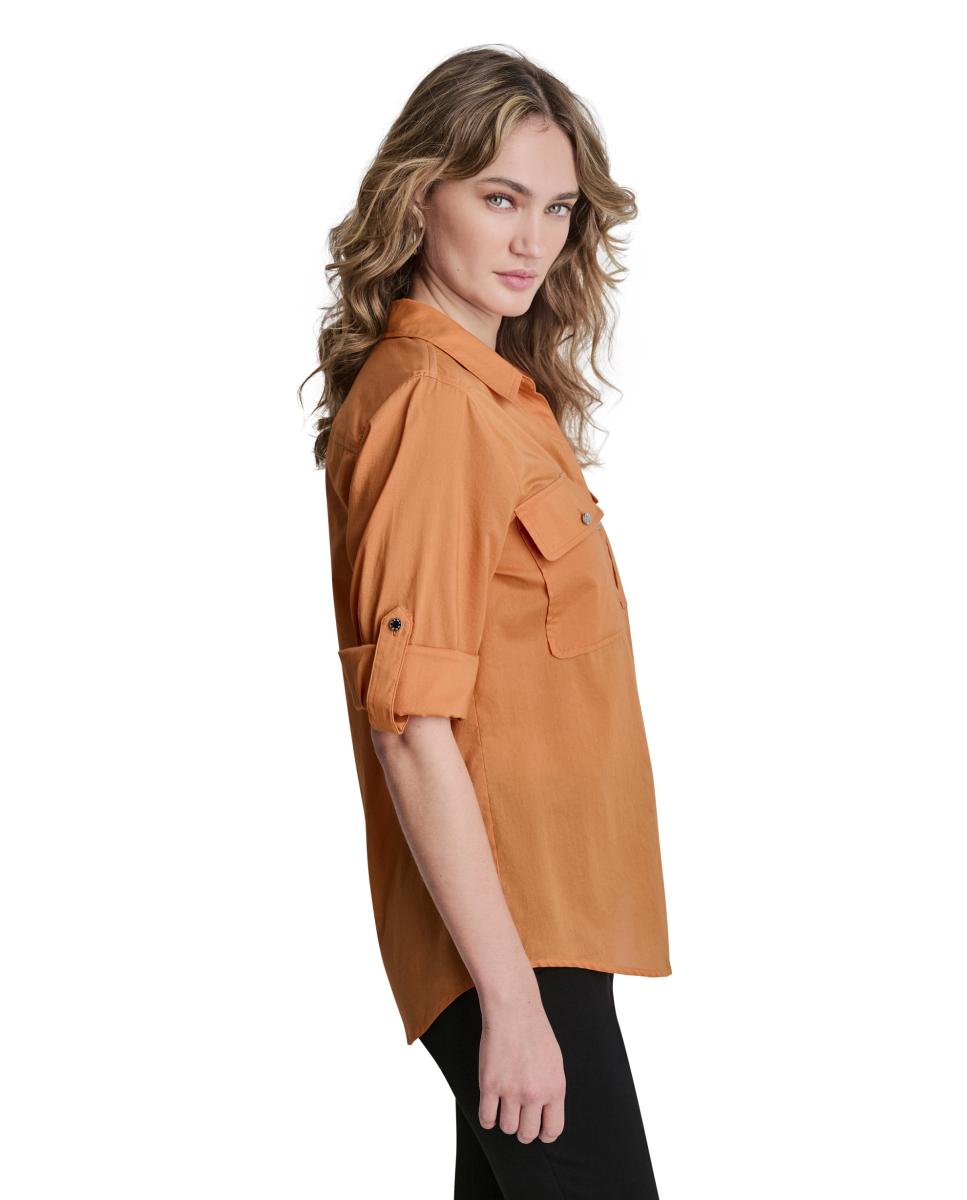 Camisa Fluida com Mangas Dobradas Laranja-2