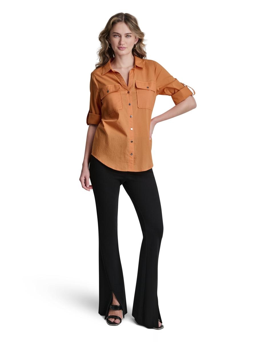 Camisa Fluida com Mangas Dobradas Laranja-3