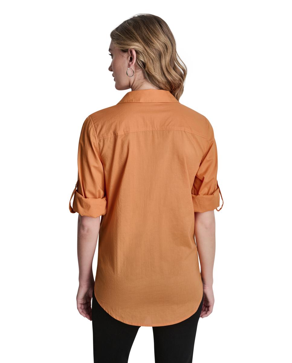 Camisa Fluida com Mangas Dobradas Laranja-5
