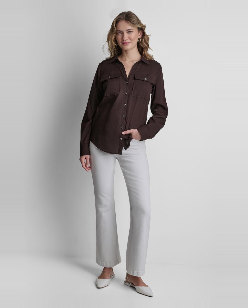 Camisa Fluida com Mangas Dobradas Castanho-escuro-2