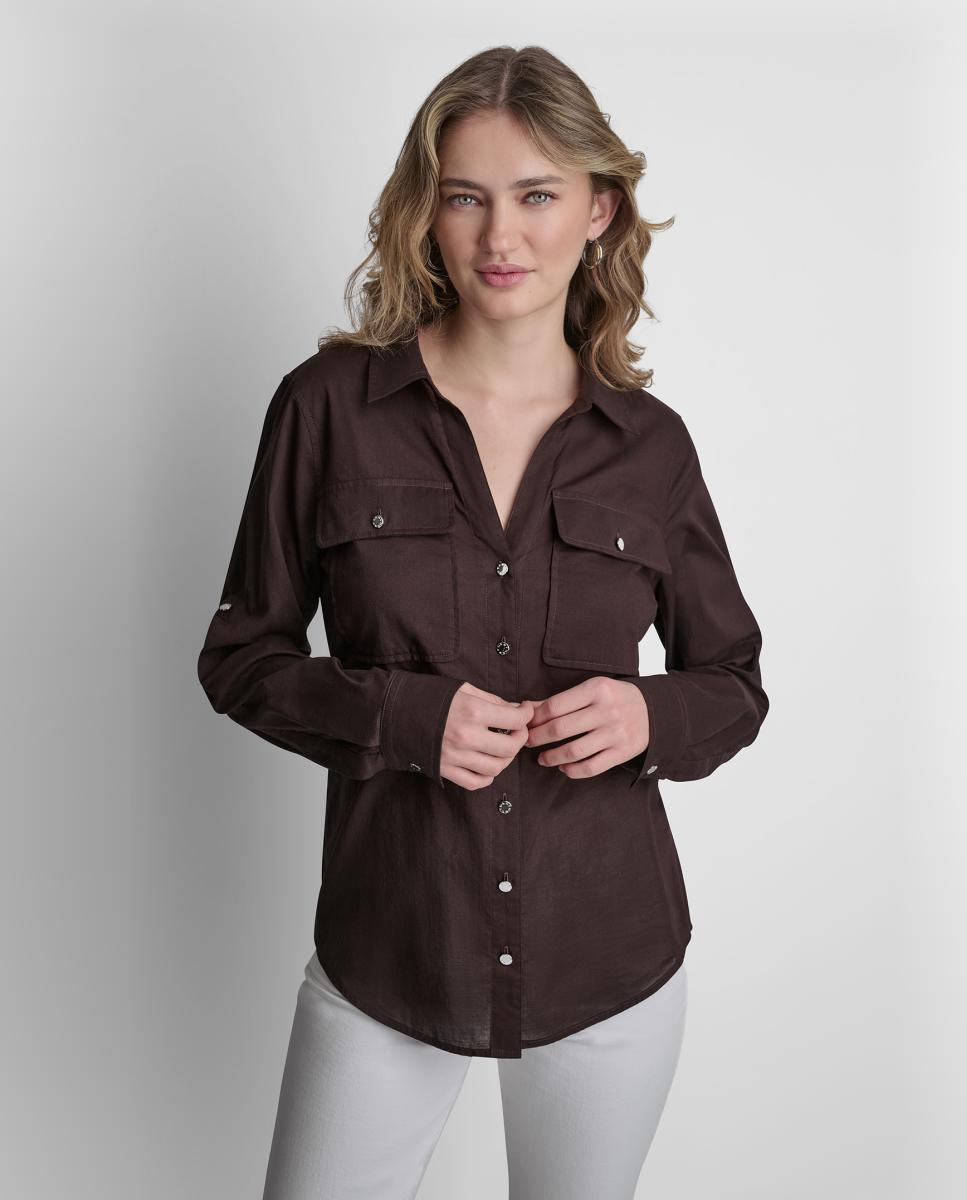 Camisa Fluida com Mangas Dobradas Castanho-escuro-3
