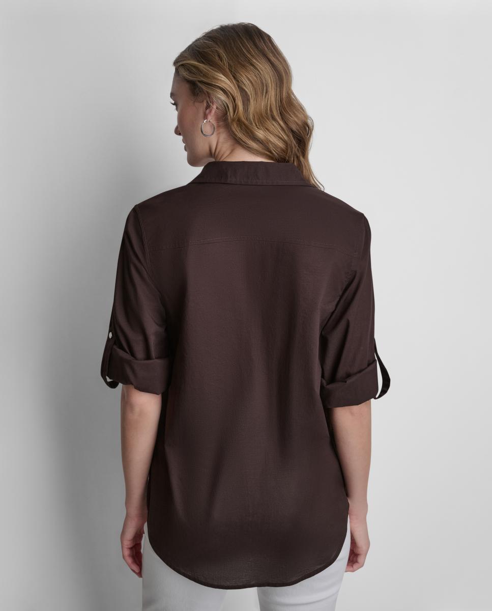 Camisa Fluida com Mangas Dobradas Castanho-escuro-4