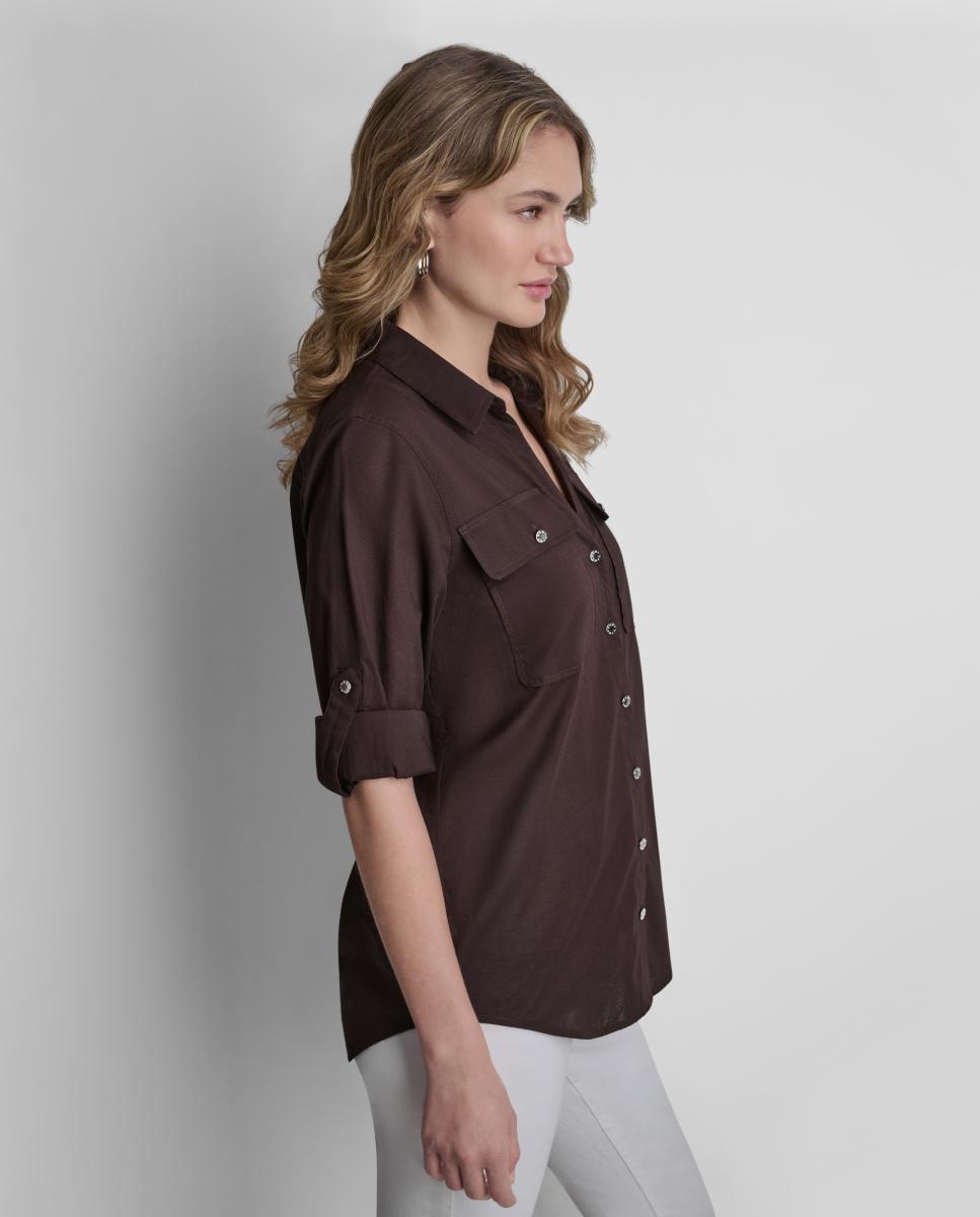 Camisa Fluida com Mangas Dobradas Castanho-escuro-5