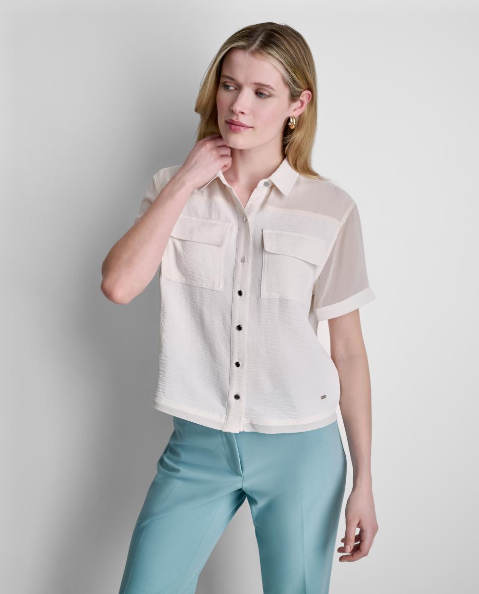 DKNY - Blusa de manga corta con mangas transparentes de mujer.