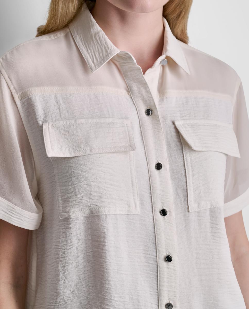 Blusa de Manga Curta com Mangas Transparentes Cru-3