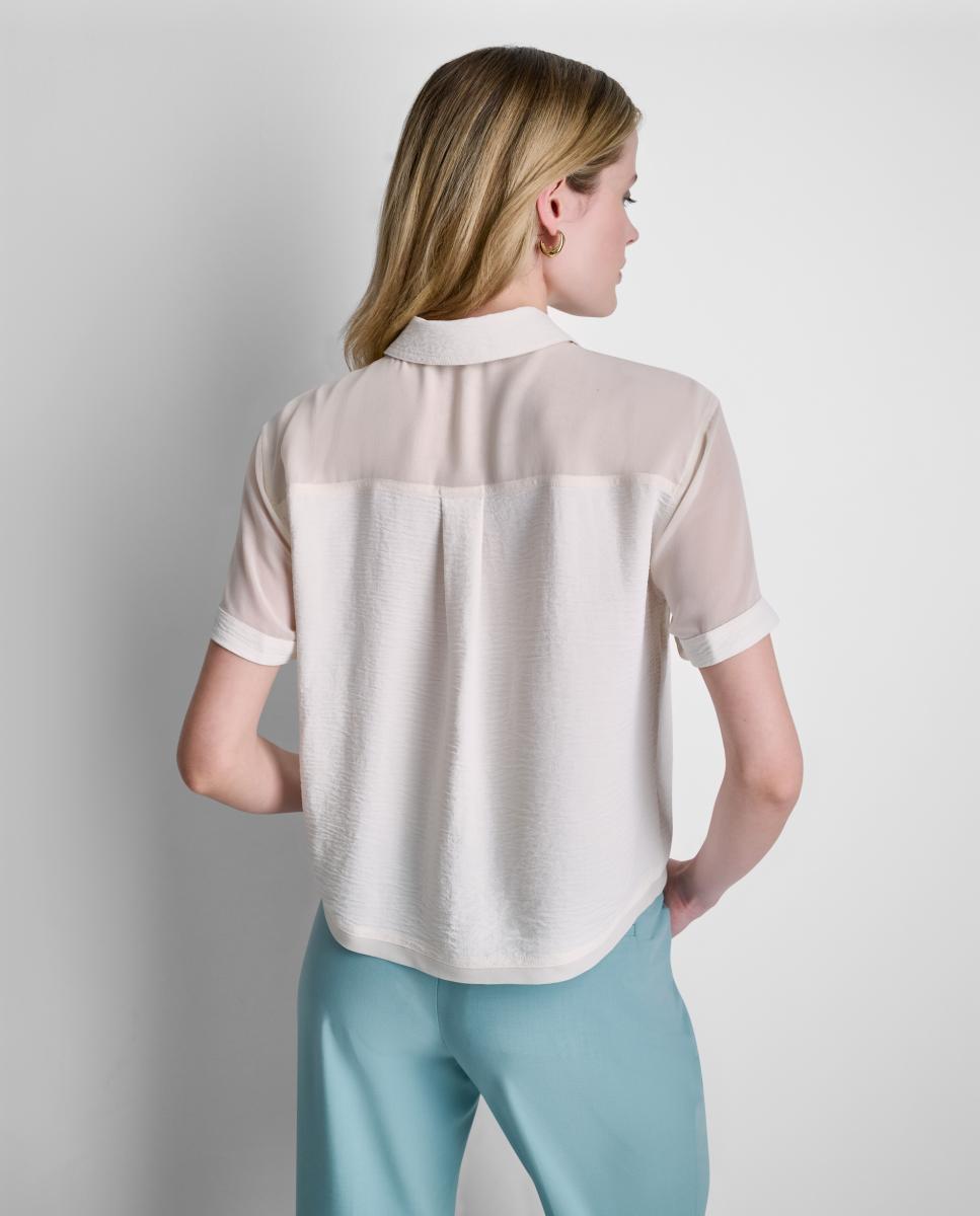 Blusa de Manga Curta com Mangas Transparentes Cru-4
