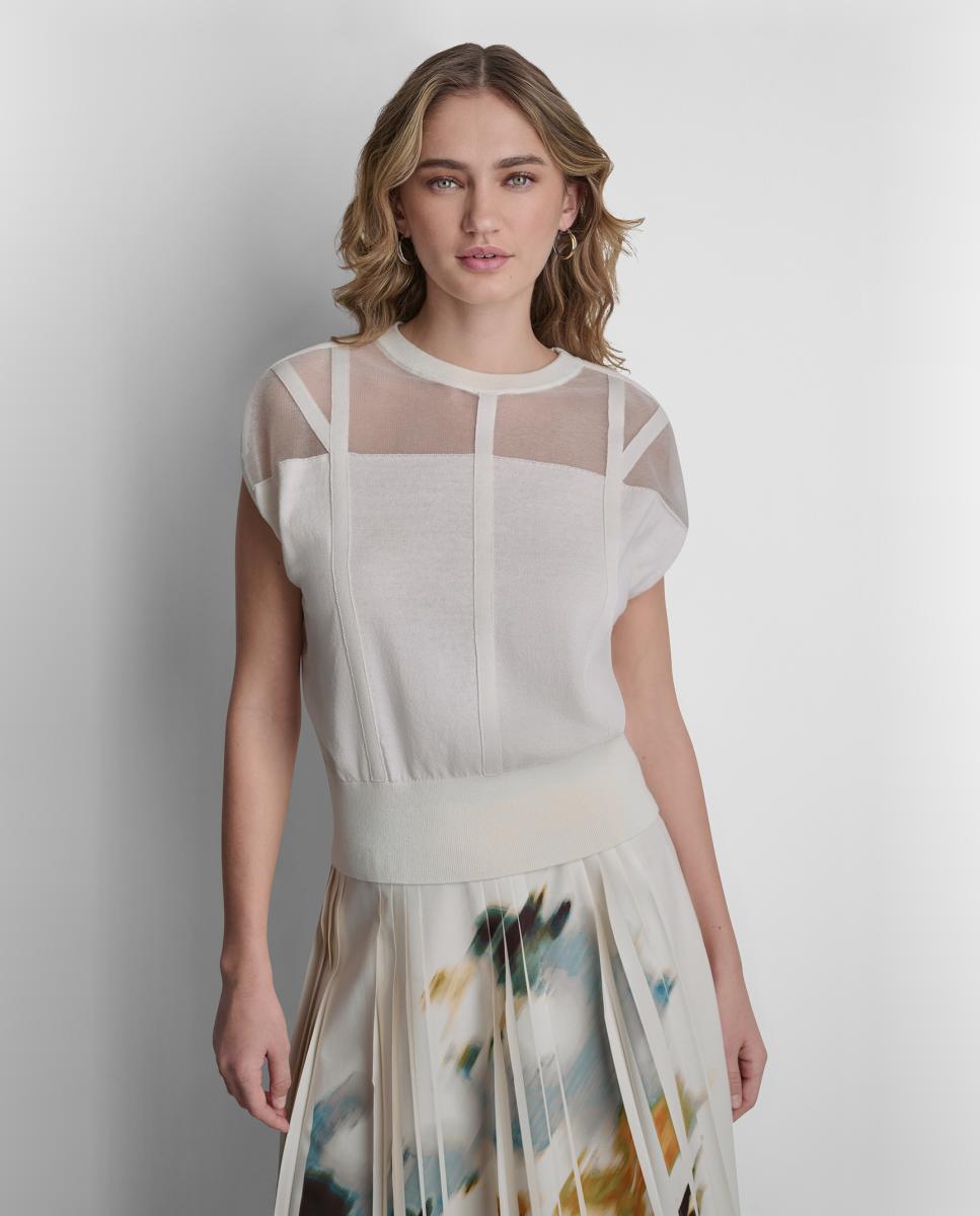 DKNY - Top de mujer de manga corta con transparencia.