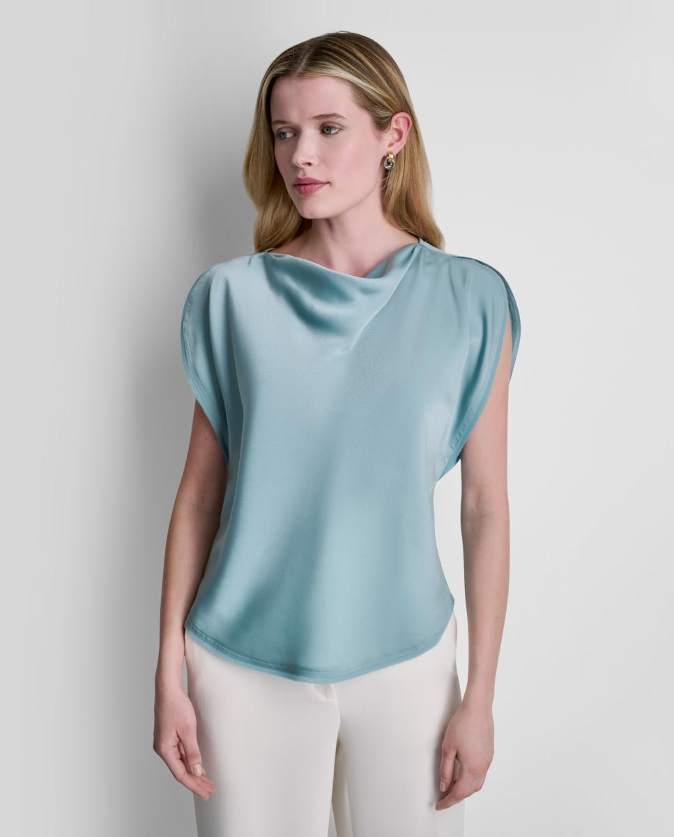 DKNY - Blusa de mujer cuello redondo drapeado.