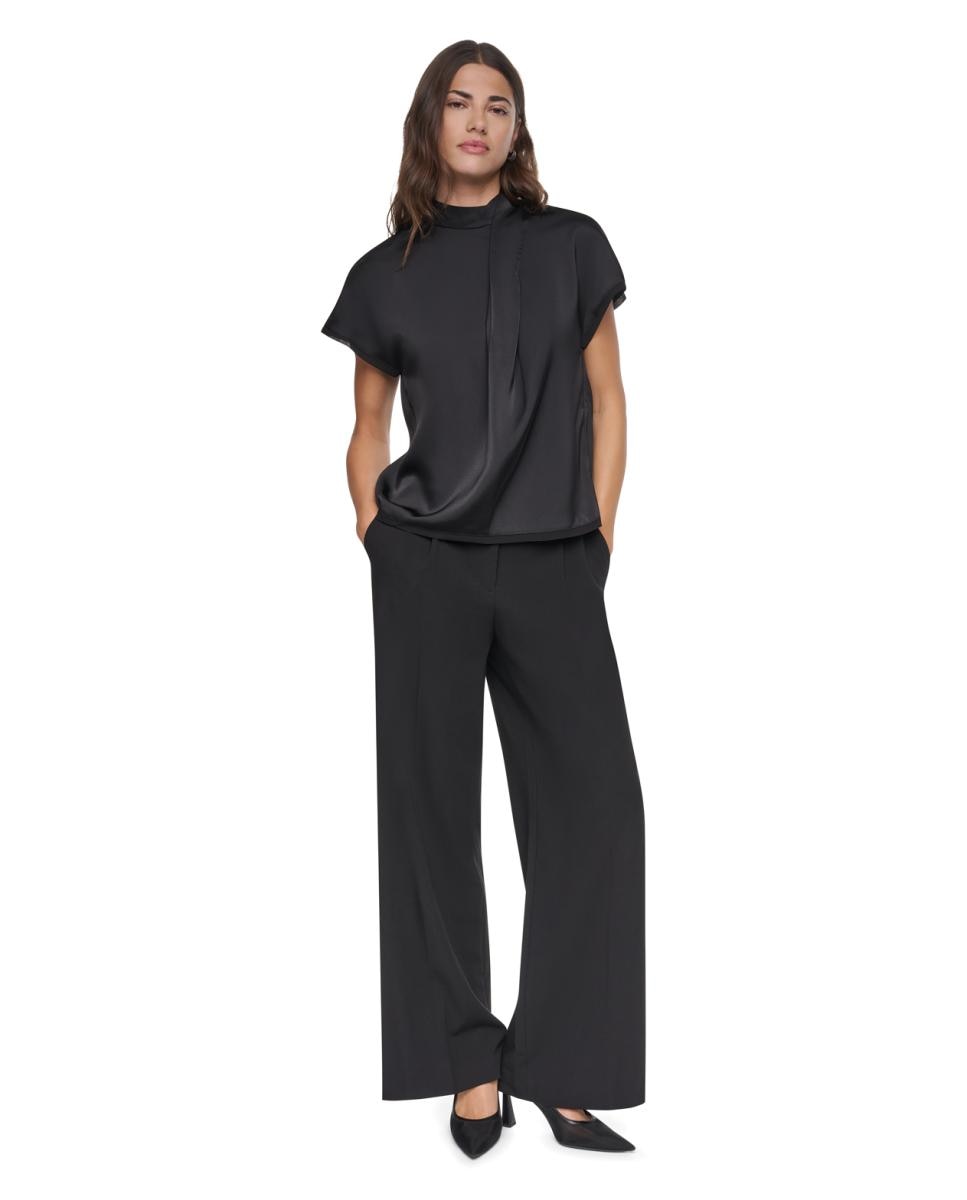 Blusa de Manga Curta com Gola Plissada Preto-5