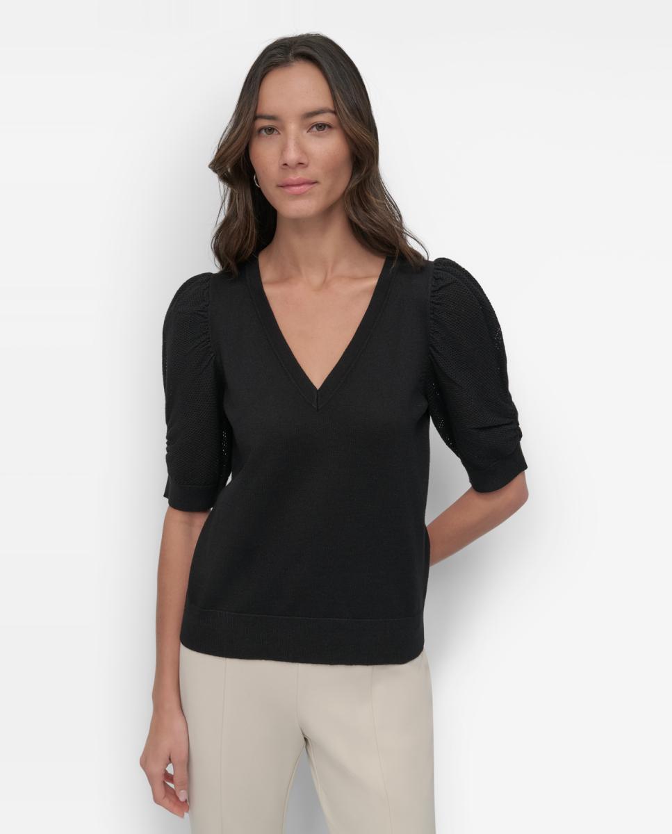 Camisola de Malha com Mangas em Balão Preto-1