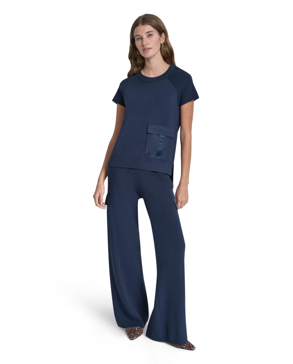 Camisola de Malha Canelada com Detalhe de Bolso Azul-2