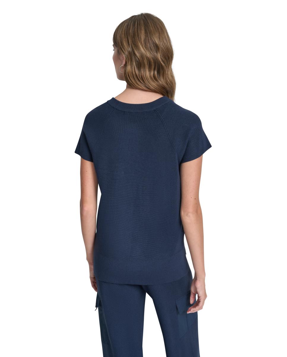 Camisola de Malha Canelada com Detalhe de Bolso Azul-4
