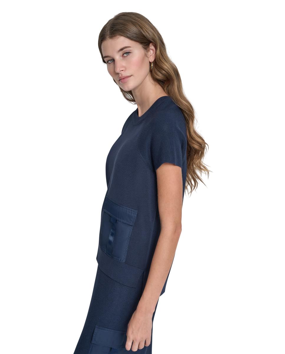 Camisola de Malha Canelada com Detalhe de Bolso Azul-5