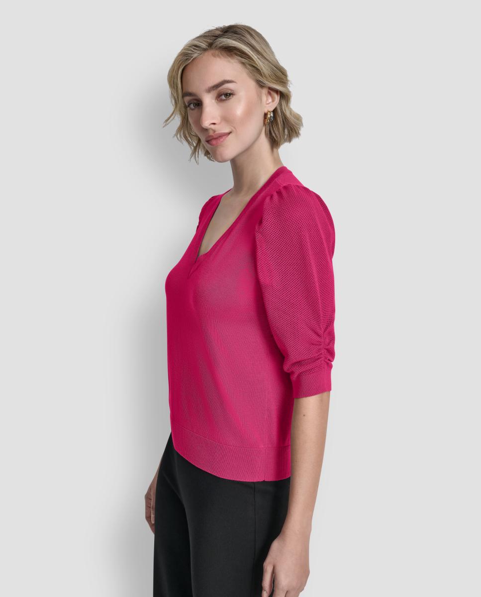 Camisola de Malha com Mangas em Balão Rosa-5