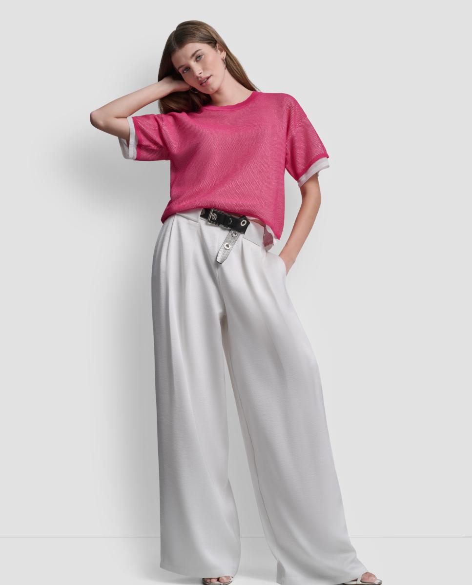 Camisola de Malha Fluida de Rede Rosa-3