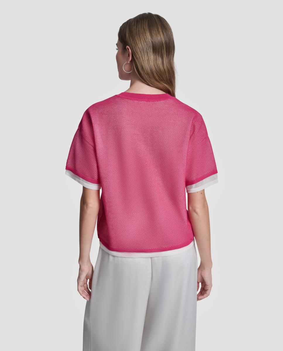 Camisola de Malha Fluida de Rede Rosa-4
