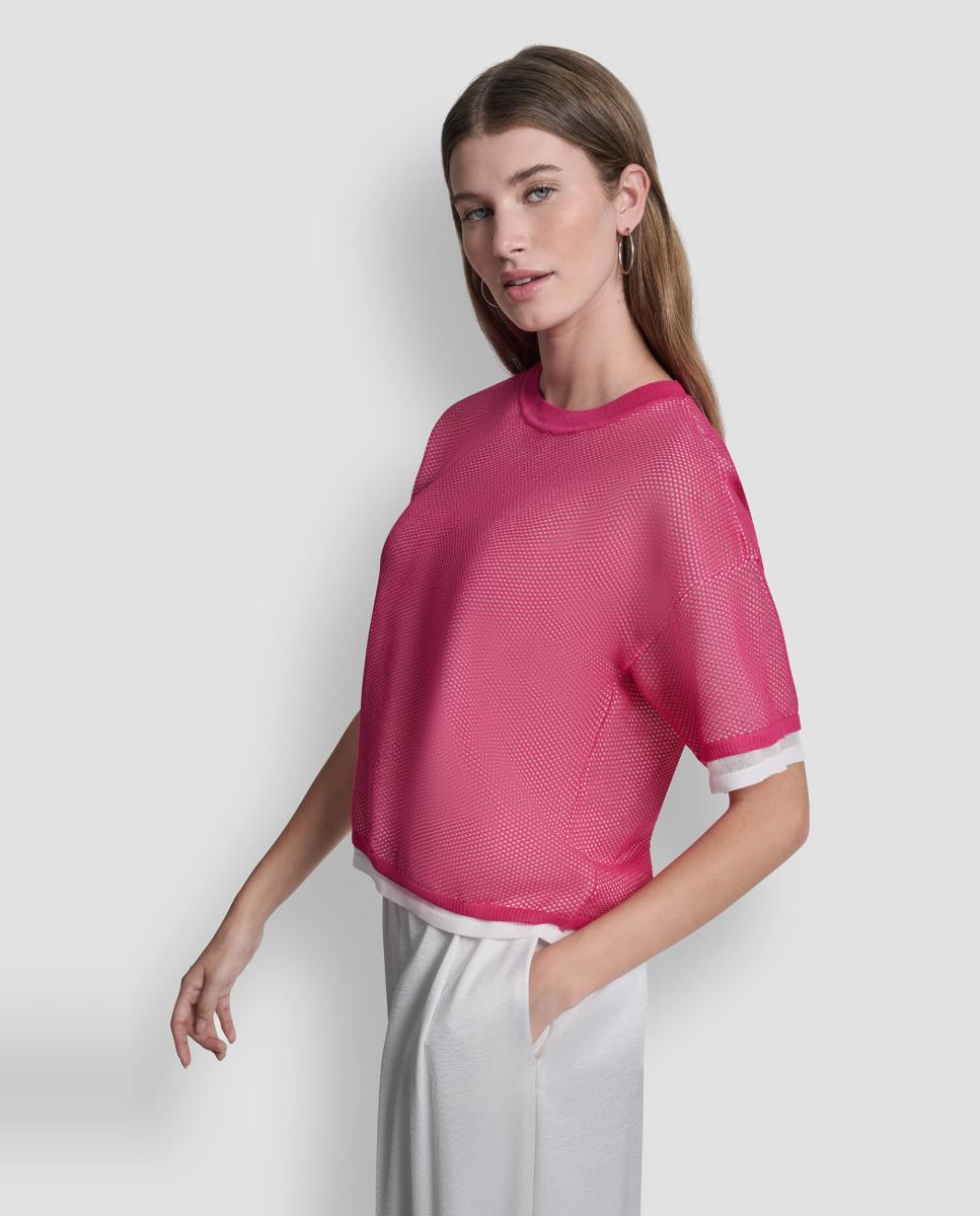 Camisola de Malha Fluida de Rede Rosa-5