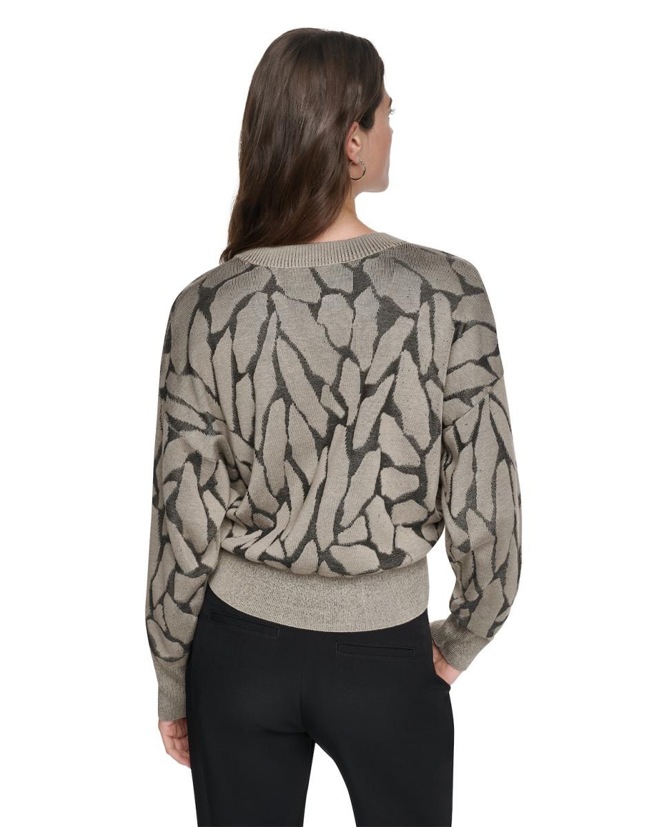 Camisola de Malha com Manga Comprida e Estampado Abstrato Bege-4