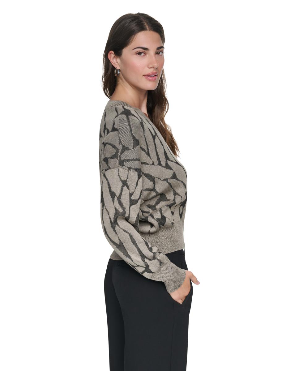 Camisola de Malha com Manga Comprida e Estampado Abstrato Bege-5
