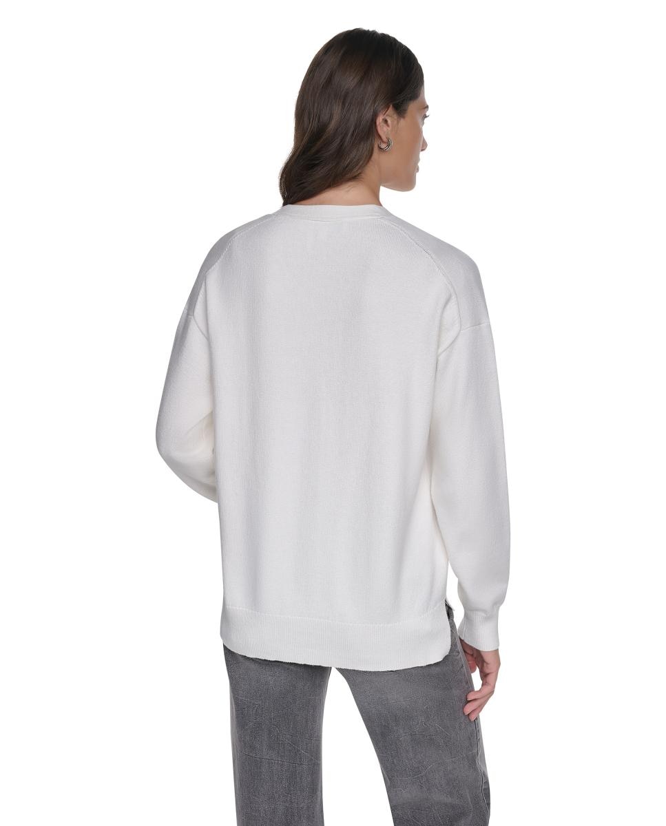 Camisola de Malha com Decote em Bico Creme-5