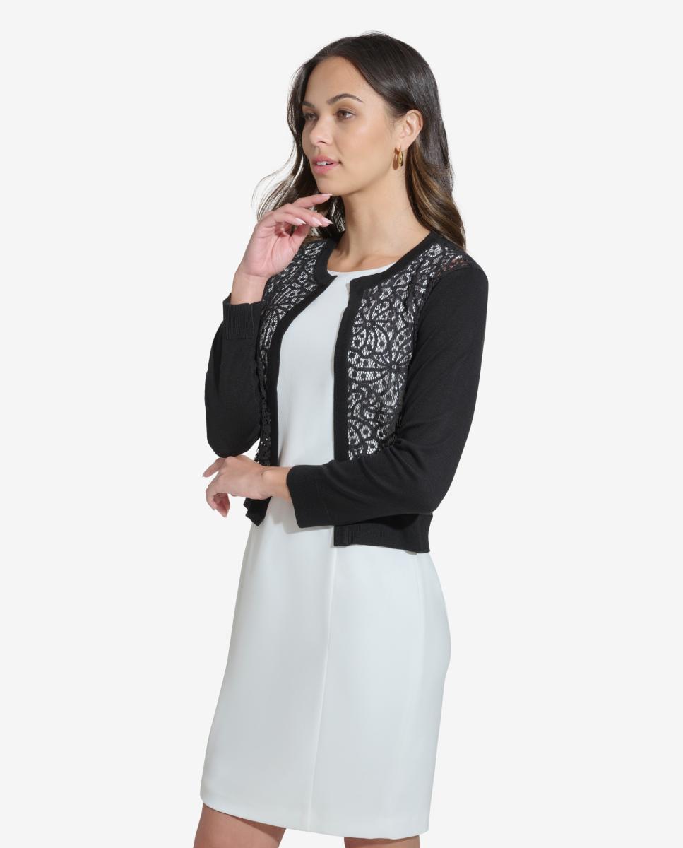 Cardigan com Detalhe de Renda Preto-2