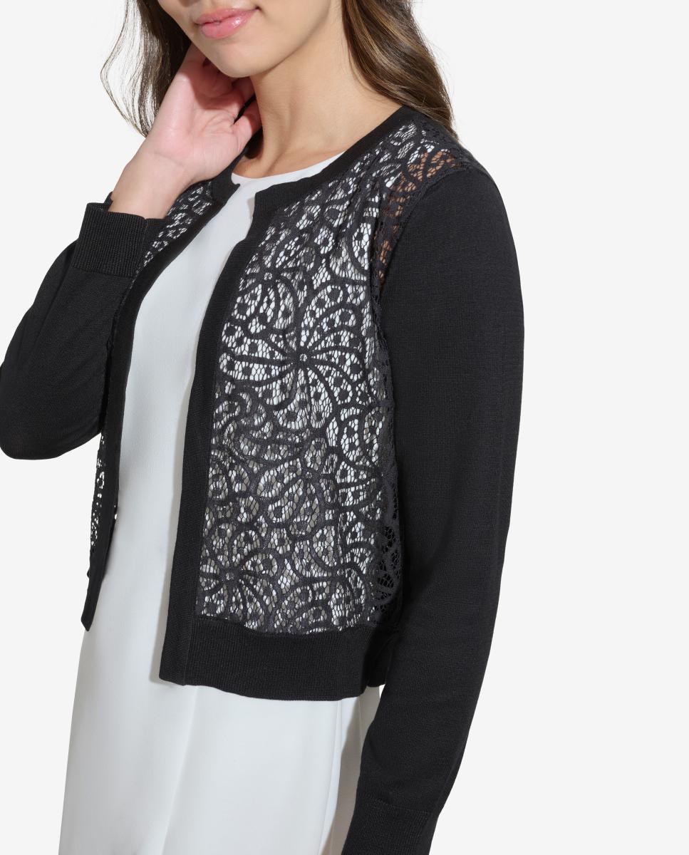 Cardigan com Detalhe de Renda Preto-3