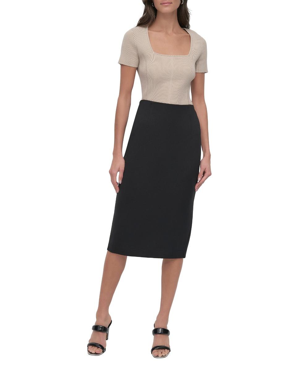 Saia Midi Regular com Cintura Subida Preto-1