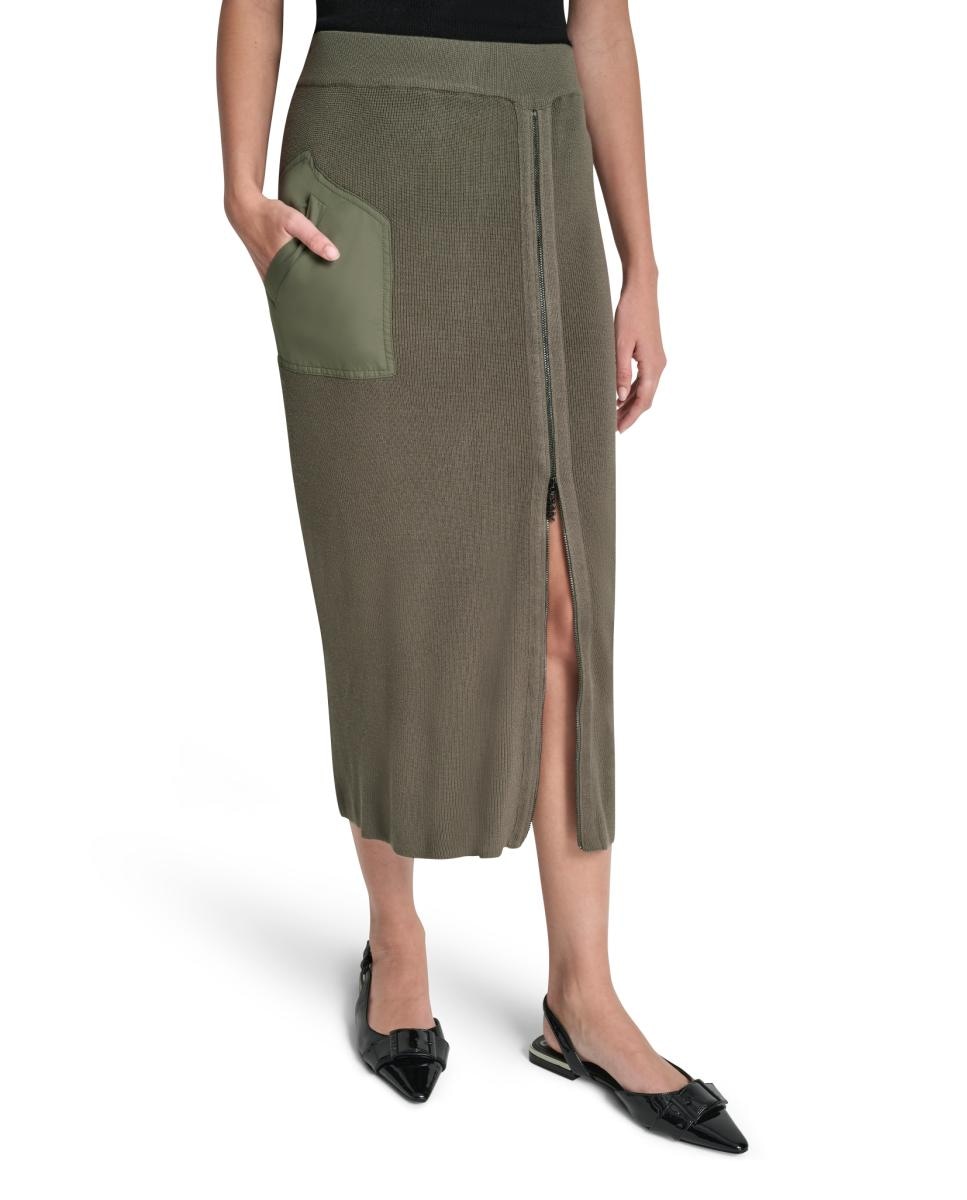 Saia Midi com Detalhe de Fecho de Correr Verde-militar-4