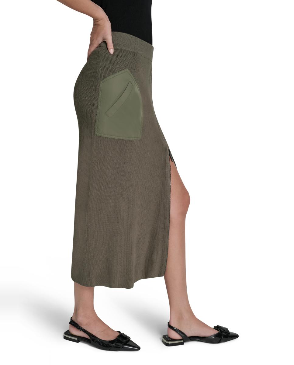 Saia Midi com Detalhe de Fecho de Correr Verde-militar-5