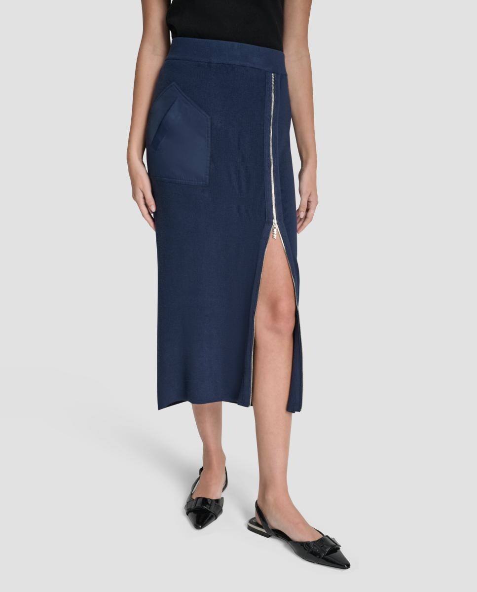 Saia Midi com Detalhe de Fecho de Correr Azul-5